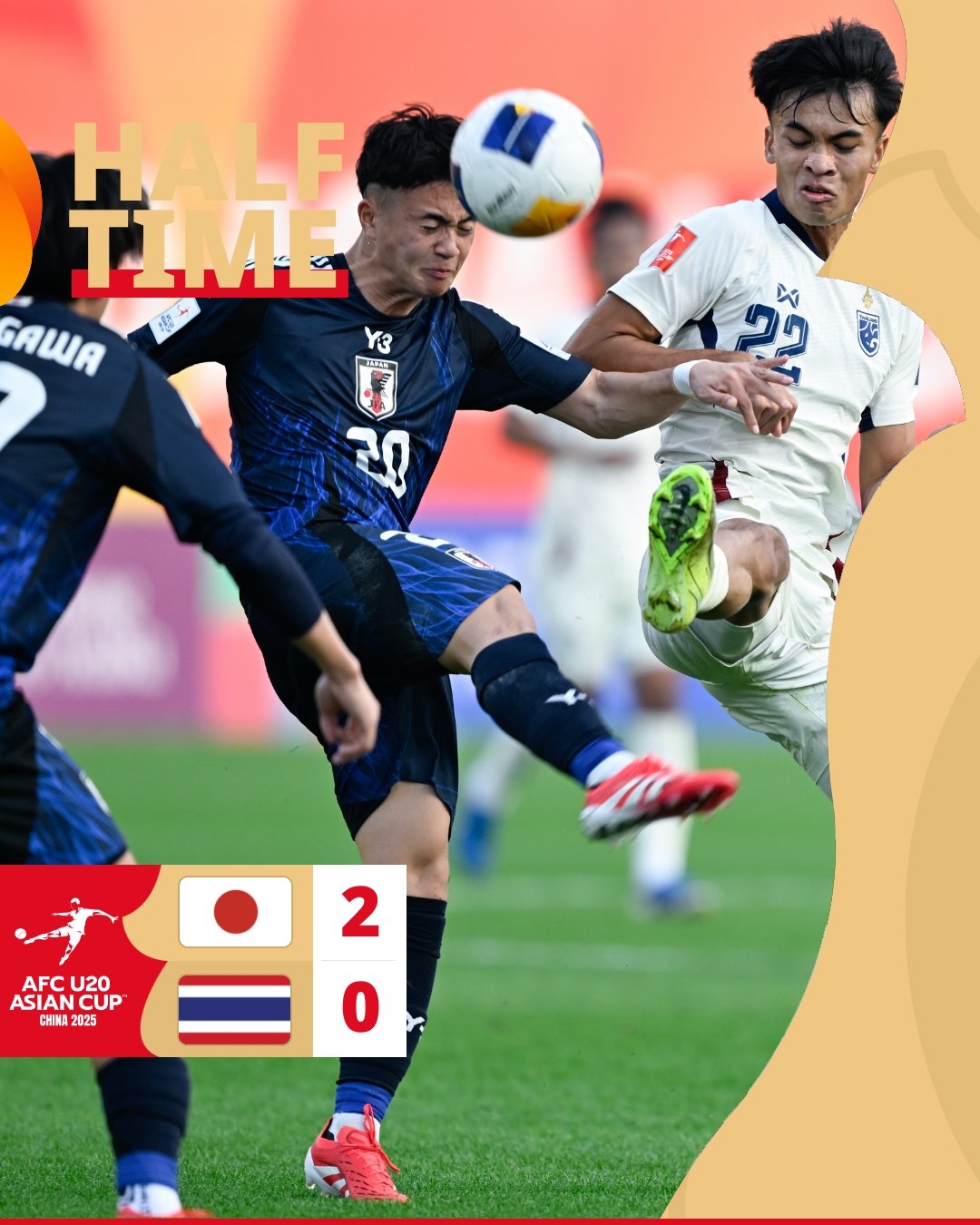  半場-日本U20 2-0領(lǐng)先泰國U20，石井久繼破門+中柱 泰國0射正