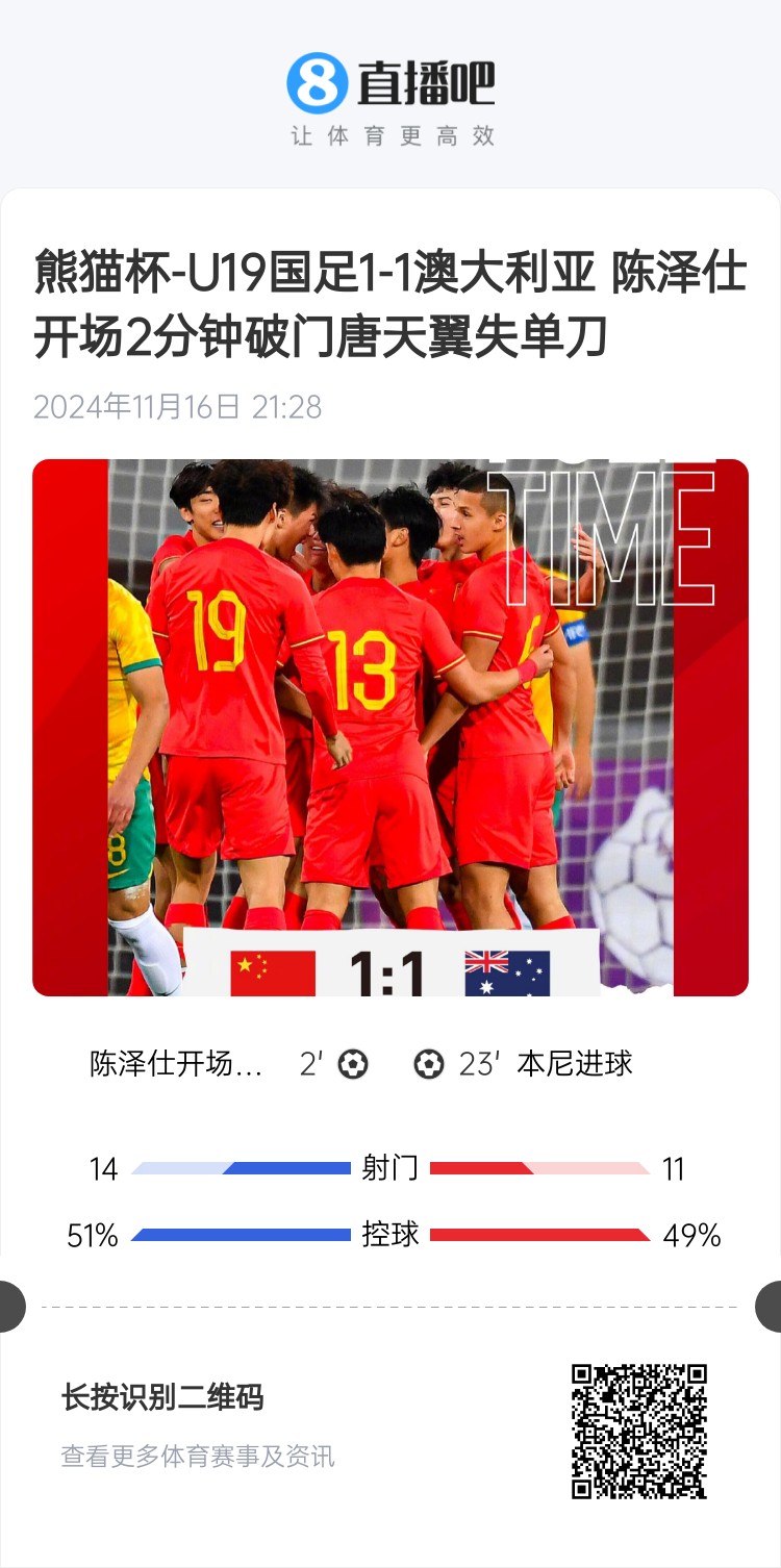  二番戰(zhàn)！U20國青與澳大利亞去年熊貓杯剛有過交手，雙方1-1戰(zhàn)平