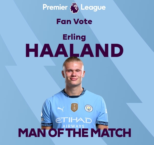  打進致勝球！英超官方：哈蘭德當選曼城1-0熱刺全場最佳球員